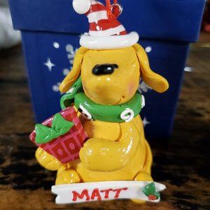 Wooden Yellow Dog with Present and Santa Hat Christmas Ornament "Matt"